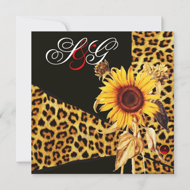 INVITACIÓN SUNFLOWER ,LEOPARD FUR RIBBON,ROJO RUBY GEMSTONE (Anverso)