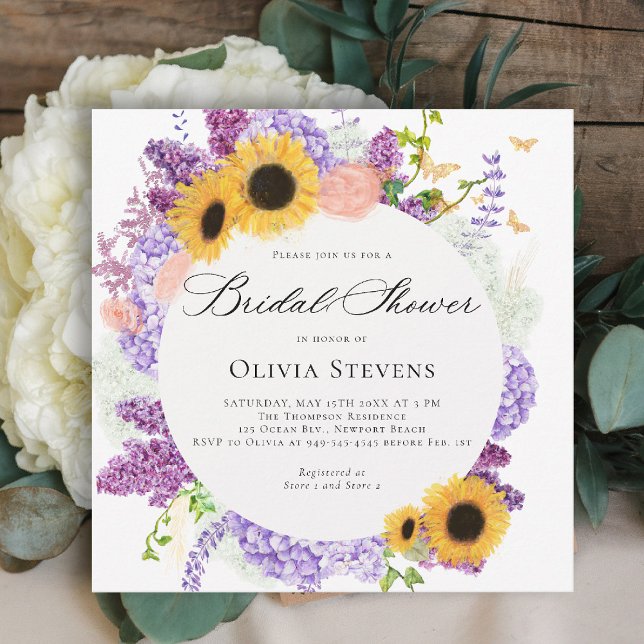 Invitación Sunflower Lilac Butterflies Floral Bridal Shower (bridal shower invitation sunflowers lilac butterflies boho romantic purple gold pink)