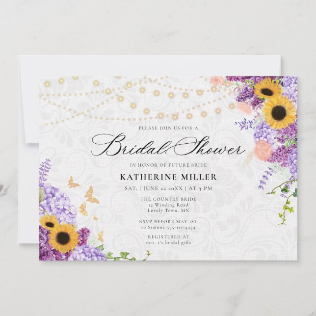 Invitación Sunflower Lilac String Lights Rustic Bridal Shower (Anverso)