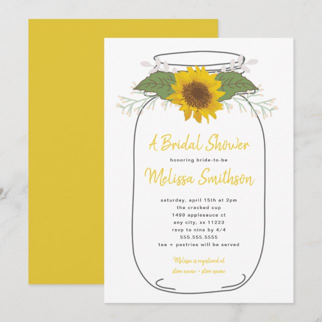 Invitación Sunflower Mason Jar Bridal Shower | blanco (Anverso / Reverso)