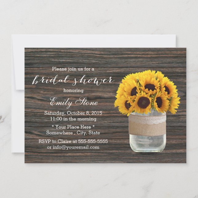 Invitación Sunflower Mason Jar Elegant Wood Bridal Shower (Anverso)