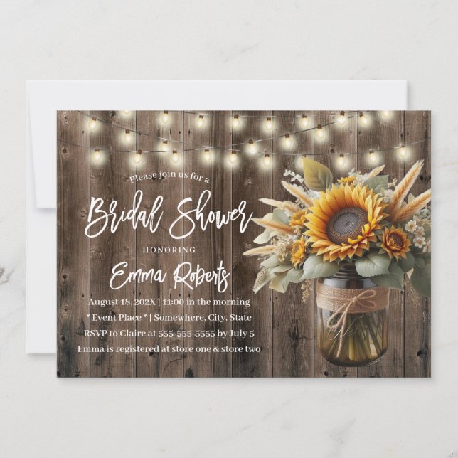 Invitación Sunflower Mason Jar Rustic Boda Bridal Shower (Anverso)