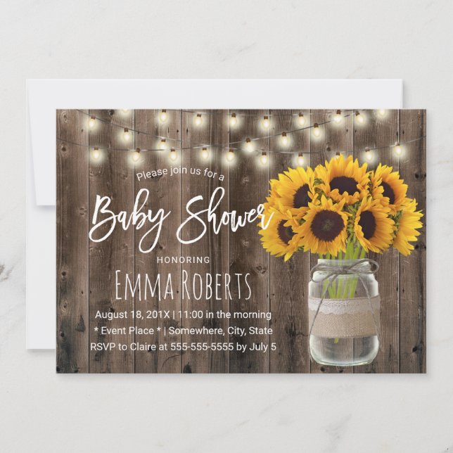 Invitación Sunflower Mason Jar Rustic Wood Baby Shower (Anverso)