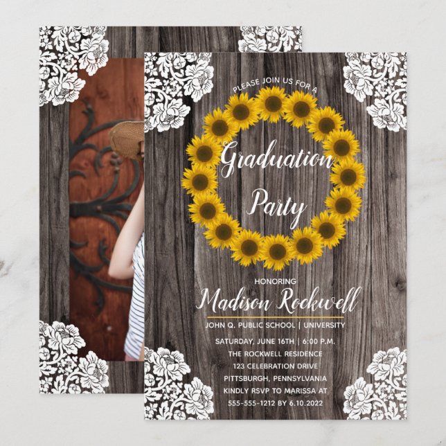 Invitación Sunflower | Partido de Graduación de Foto de Lace (Anverso / Reverso)