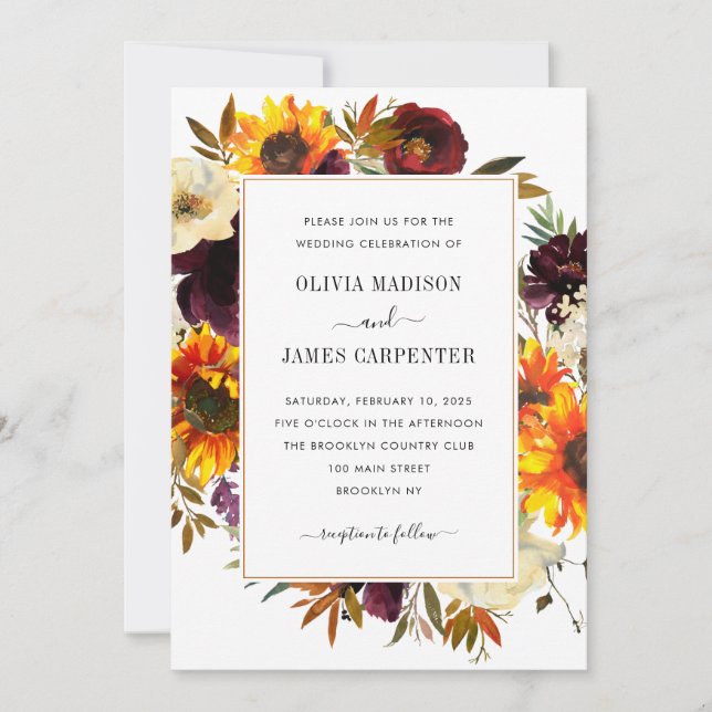 Invitación Sunflower Peony Burgundy Red Purple Floral Boda (Anverso)