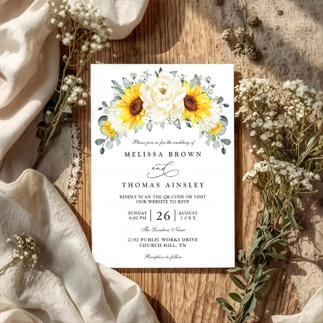 Invitación Sunflower Peony Floral Eucalyptus QR Code Wedding (Subido por el creador)