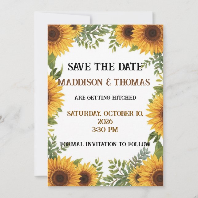 Invitación Sunflower Personalised Wedding Save The Date Card (Anverso)