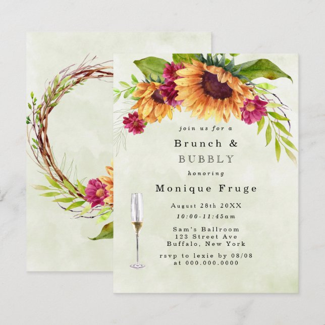 Invitación Sunflower Pink Floral Brunch & Bubbly Invita (Anverso / Reverso)
