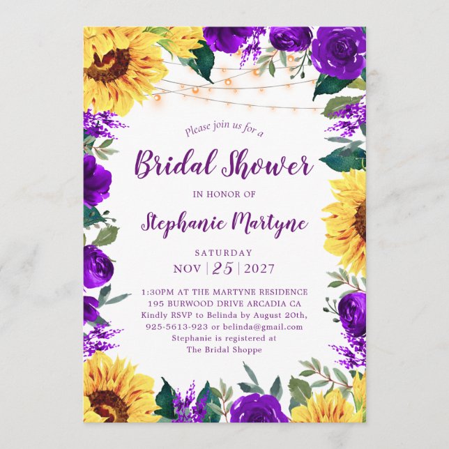 Invitación Sunflower Purple Floral Border Light Bridal Shower (Anverso)