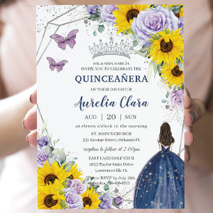 Invitación Sunflower Purple Floral Marina Azul Guata Quinceañ