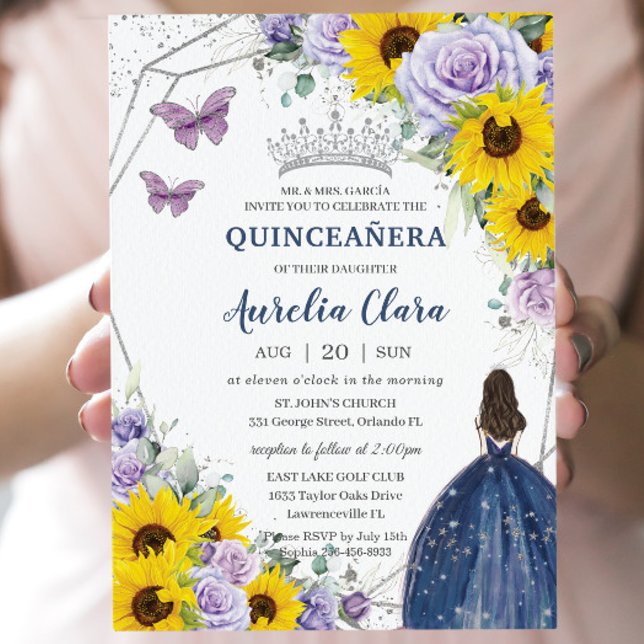 Invitación Sunflower Purple Floral Marina Azul Guata Quinceañ (Subido por el creador)