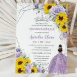 Invitación Sunflower Purple Floral Princess Gown Quinceañera<br><div class="desc">This chic Quinceañera invitation features a silver glitter geometric frame adorned by yellow sunflowers, purple lavender roses and a girl in a lovely purple dress. Personalize it with your details easily and quickly, simply press the customise it button to further re-arrange and format the style and placement of the text....</div>