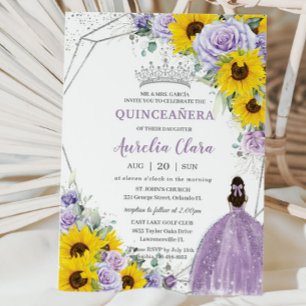 Invitación Sunflower Purple Floral Princess Gown Quinceañera