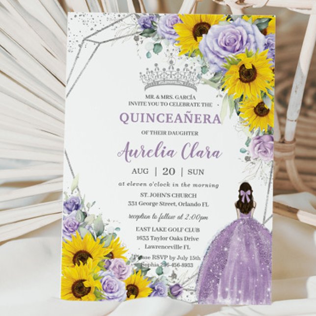 Invitación Sunflower Purple Floral Princess Gown Quinceañera (Subido por el creador)