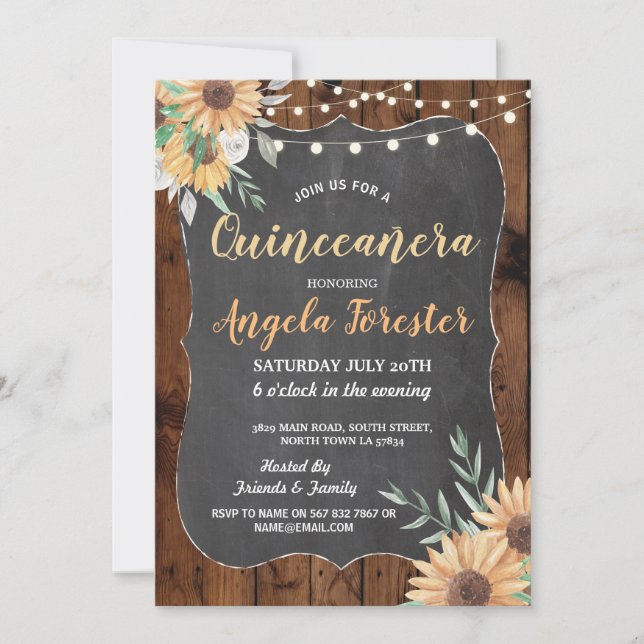 Invitación Sunflower Quinceanera Fiesta Wood Florales Luces (Anverso)