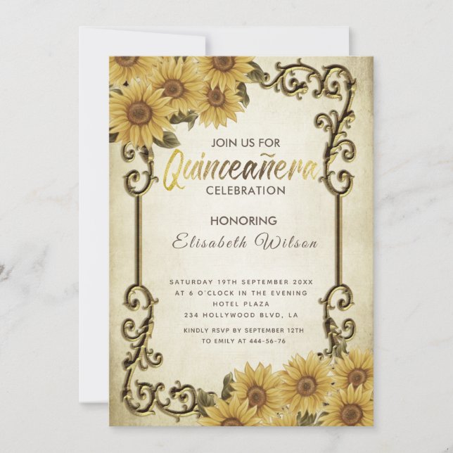 Invitación Sunflower Quinceañera Invitati (Anverso)