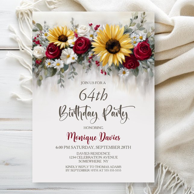 Invitación Sunflower Red Rose Floral Any Age Birthday Party (Subido por el creador)