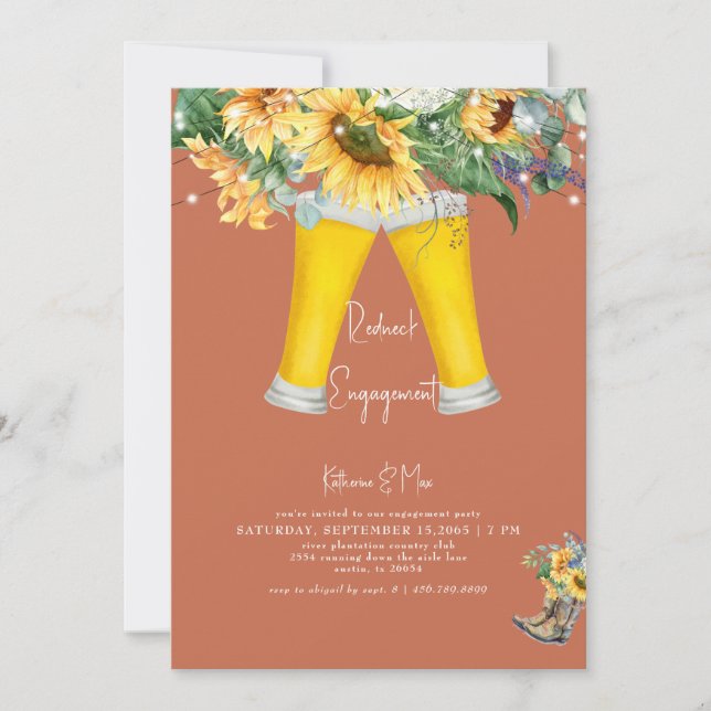 Invitación Sunflower Redneck Boots Terracotta Engagement (Anverso)