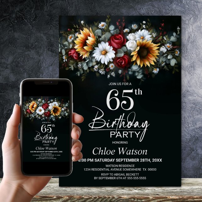Invitación Sunflower Rose Floral Black 65th Birthday Party (Subido por el creador)