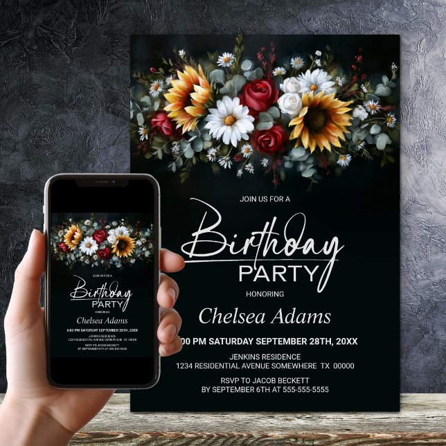 Invitación Sunflower Rose Floral Black Any Age Birthday Party (Subido por el creador)