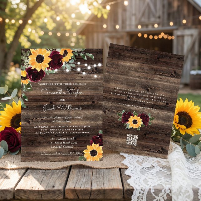 Invitación Sunflower Roses Barn QR Code Wedding (Subido por el creador)