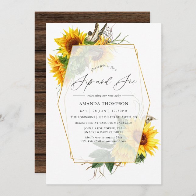 Invitación Sunflower Rustic Geometric Sip y See Fiesta (Anverso / Reverso)