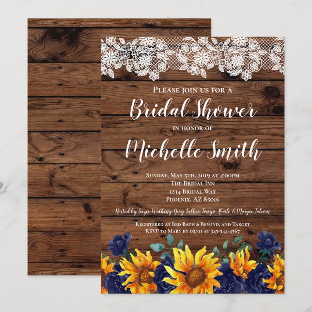 Invitación Sunflower Rustic Lace Country Blue Bridal Shower (Anverso / Reverso)