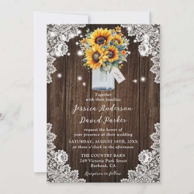 Invitación Sunflower Rustic Wood Lace Mason Jar Boda (Anverso)