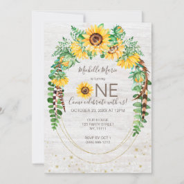 Invitación Sunflower Rustic Wood Lights First Birday