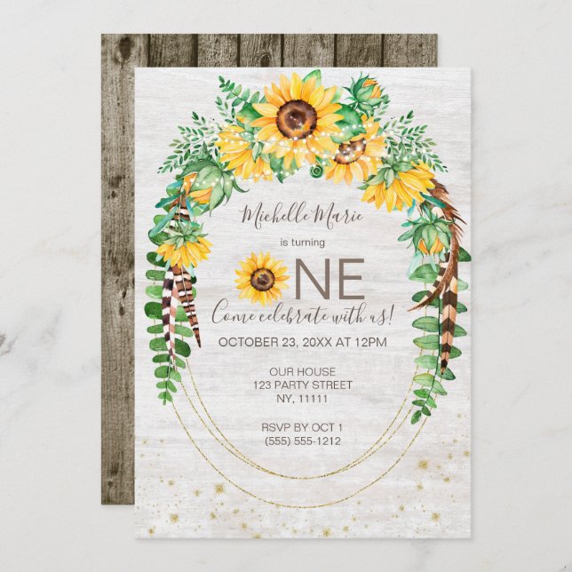 Invitación Sunflower Rustic Wood Lights First Birday (Anverso / Reverso)