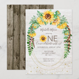Invitación Sunflower Rustic Wood Lights First Birday