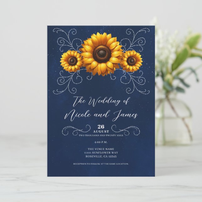 Invitación Sunflower Sparkle Blue Rustic Glam Boda (Anverso de pie)