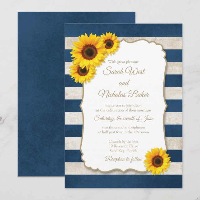 Invitación Sunflower Stripes Rustic Navy Boda Azul (Anverso / Reverso)