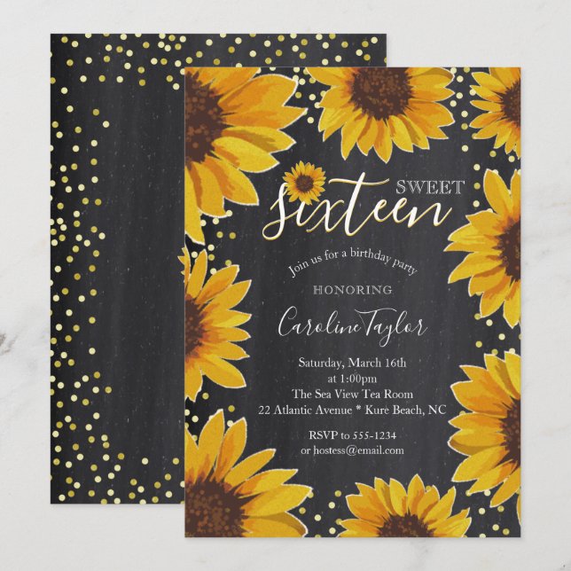 Invitación Sunflower Sweet 16 Birthday Chalkboard (Anverso / Reverso)