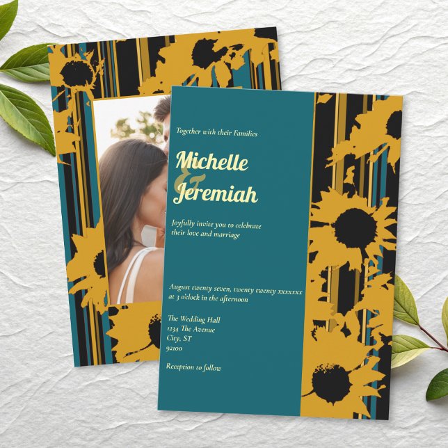 Invitación Sunflower Teal Blue Gold Modern Wedding (Subido por el creador)