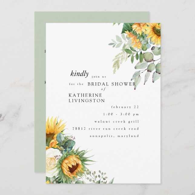 Invitación Sunflower toscano en una ducha de novias en una me (Anverso / Reverso)