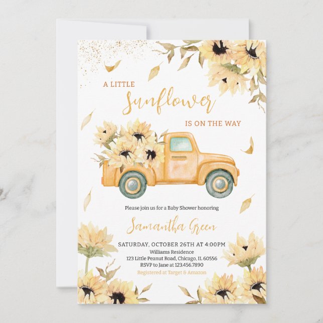 Invitación Sunflower Truck Baby Shower (Anverso)