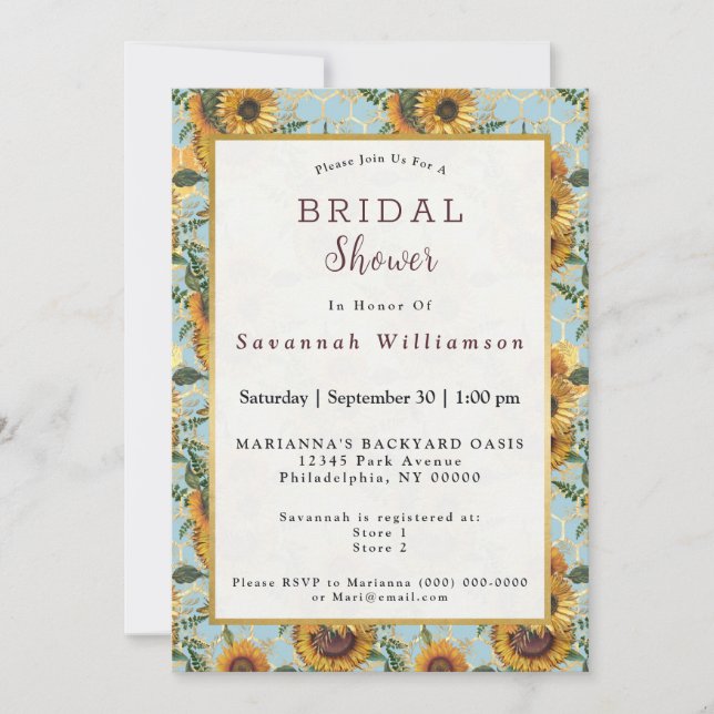 Invitación Sunflower Verde azulada Honeycomb Beds Gold Bridal (Anverso)