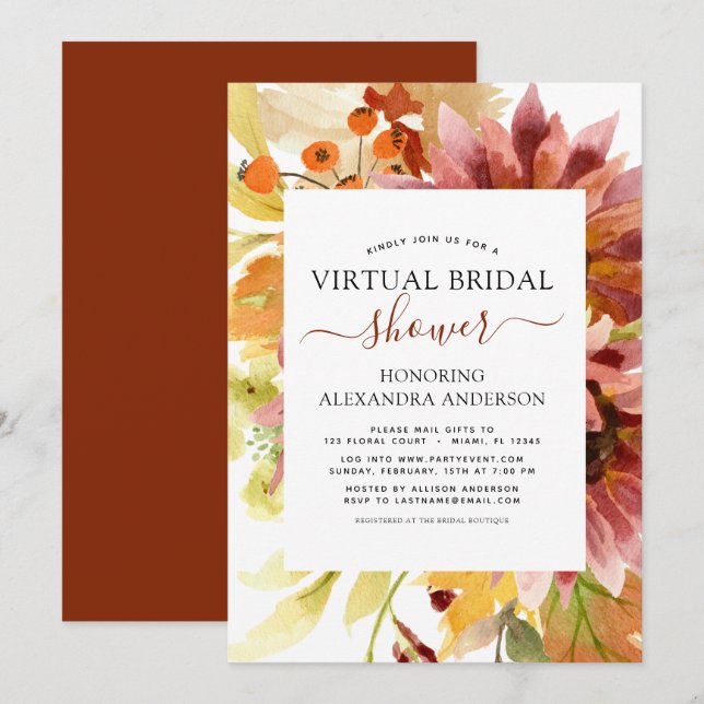 Invitación Sunflower Virtual Bridal Shower Burgundy Floral (Anverso / Reverso)