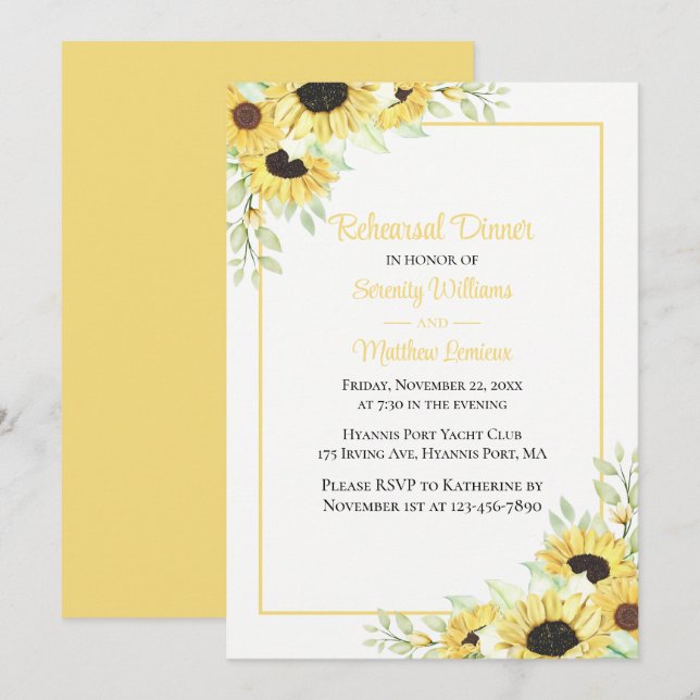 Invitación Sunflower Watercolor Floral Ensayo Cena Invi (Anverso / Reverso)