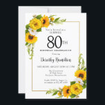 Invitación Sunflower White Daisy 80th Birthday Surprise<br><div class="desc">tarjeta de cumpleaños 90º floral de girasol amarillo bonito. Las peonías amarillas y las margaritas blancas se mezclan con los girasoles. Un marco dorado rectangular le da un ambiente elegante. Muy fácil de personalizar. Esa espalda es blanca con un ramo de girasol. Esto es perfecto para una celebración de cumpleaños...</div>