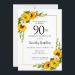 Invitación Sunflower White Daisy 90th Birthday Surprise<br><div class="desc">tarjeta de cumpleaños 90º floral de girasol amarillo bonito. Las peonías amarillas y las margaritas blancas se mezclan con los girasoles. Un marco dorado rectangular le da un ambiente elegante. Muy fácil de personalizar. Esa espalda es blanca con un ramo de girasol. Esto es perfecto para una celebración de cumpleaños...</div>