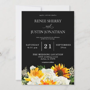 Invitación Sunflower & White Rose Floral Black Wedding 2 