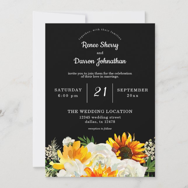 Invitación Sunflower & White Rose Floral Wedding - Black (Anverso)