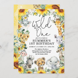 Invitación Sunflower Wild One Jungle Safari Animales Cumpleañ