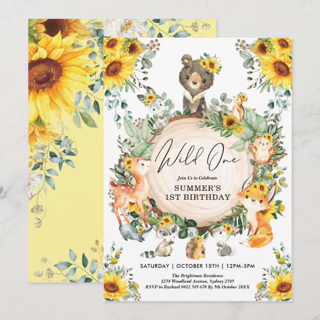 Invitación Sunflower Wild One Woodland Primer Fiesta de cumpl (Anverso / Reverso)