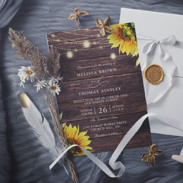 Invitación Sunflower Wood & Mason Jar Budget QR Code Wedding (Subido por el creador)