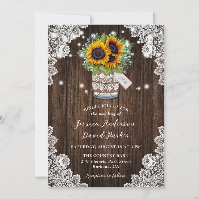 Invitación Sunflower Wood Mason Jar Floral Lace Boda (Anverso)