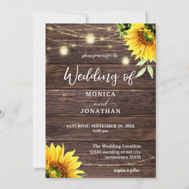 Invitación Sunflower Wood & Mason Jar String Lights Boda (Anverso)