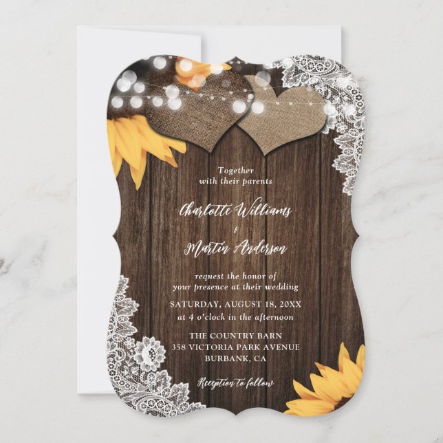 Invitación Sunflower Wood String Luces Floral Lace Boda (Anverso)